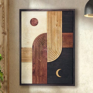 Wooden Mid Century Modern Wall Art, Boho Wall Decor, Sun and Moon Wood Wall Art, Geometric Line Art