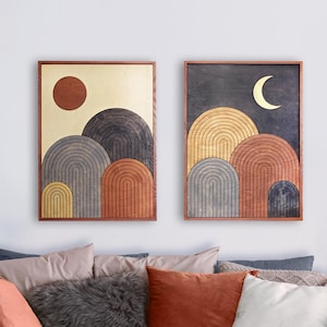 Wooden Wall Art Set — Boho Sun And Moon (Set of 2) | Handmade Wood Wall Decor | Day And Night Mid-Century Modern Wall Hanging