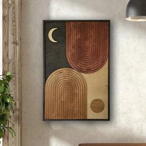 Wood Wall Art with Geometrical Day and Night Pattern – Boho & Mid-Century Style, Wood Wall Decor for home, living room, bedroom