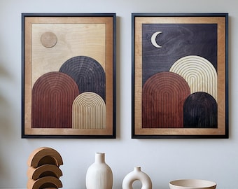 Sun and Moon Wooden Wall Art Set, Mid Century Modern, Boho Decor