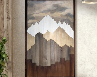 Wooden Mountain Wall Art – Large Geometric Wood Artwork, Layered Rustic Decor, Handmade Wall Hanging