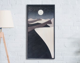 Night Desert Wood Wall Art, Dune Wall Decor, Handmade Wooden Painting