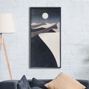 Night Desert Wooden Wall Art, Original Wall Artwork, Dune Wall Decoration, Wood wall sculpture, Black and White wall decor