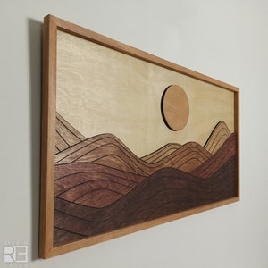 Boho Wooden Mountains Wall Art, Textured Landscape Wood Wall Art, Mountains Geometric Line Art, Mid Century Wall Decor for home