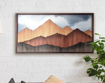 Handcrafted 3D Mountains Wood Wall Art, Mountain Range Landscape - Home Wall Decor, Nature-Inspired, Rustic Wall Decor,