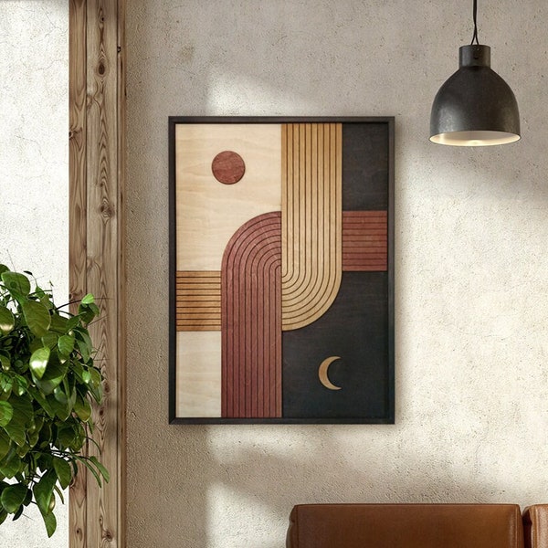 Arte da parete moderna di metà secolo in legno, decorazione da parete Boho, arte da parete in legno sole e luna, arte linea geometrica