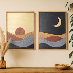 Boho Wood Wall Art Set – Sun and Moon, Day and Night Decor, Mid Century Modern, Textured Wooden Panels, Living Room & Bedroom Art