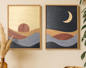 Set di decorazioni murali in legno Boho - Sole e Luna, stile Mid Century Modern