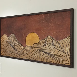Minimalist Mountains Wooden Wall Art, Textured Mountains Wood Wall Art, Mid century Wall Decor, Landscape Geometric Line Art for Living room