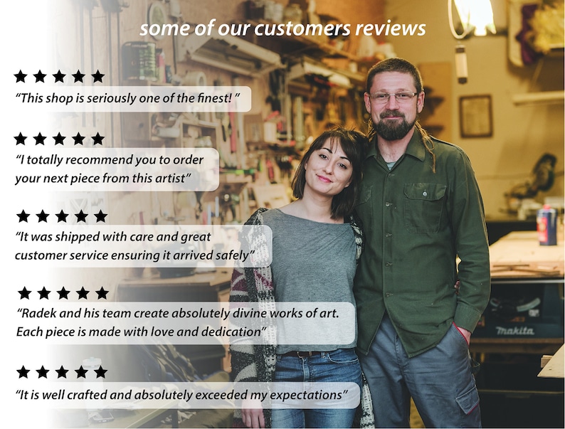May include: Two people stand in a workshop with tools and wood. The text "some of our customers reviews" is at the top of the image. Five-star reviews are displayed below the text, with customer testimonials about the quality of the products and service.