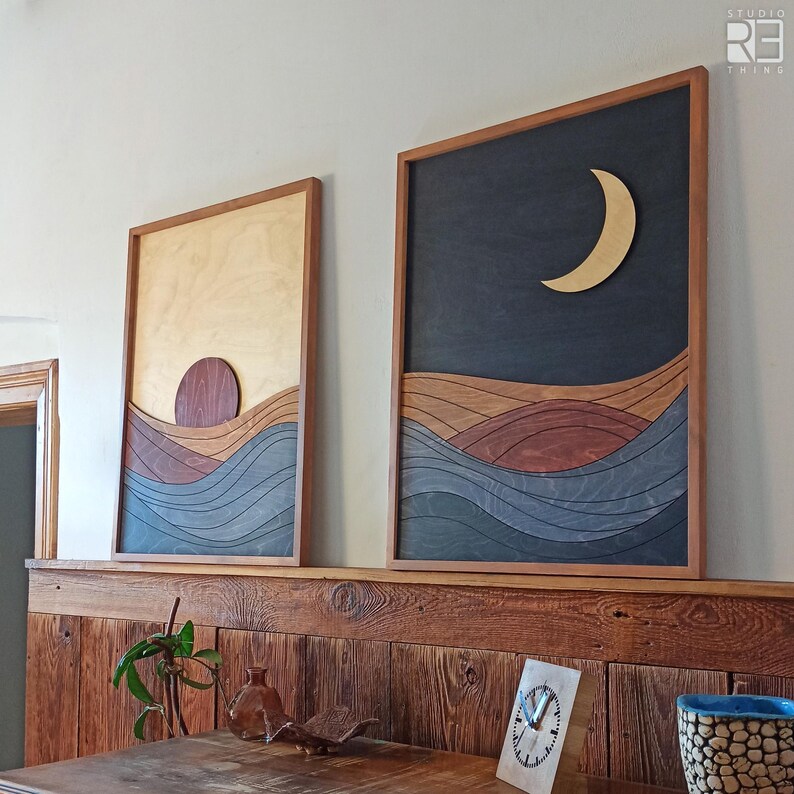 Set of 2 Boho Wood Wall Art, Sun and Moon Textured Wall Art, Mid