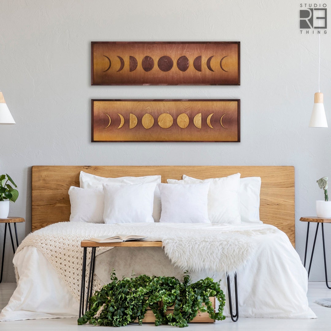 Rustic Wooden Moon Phases Wall Art – Handcrafted Boho Lunar Decoration ...