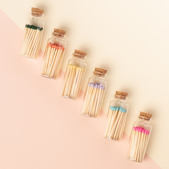 Colorful Wood Matches in Medium Corked Vial With 40 Color Tip Matchsticks 