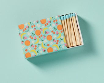 Fruit Salad Illustrated Matchbox with Baby Blue Wooden Matchsticks