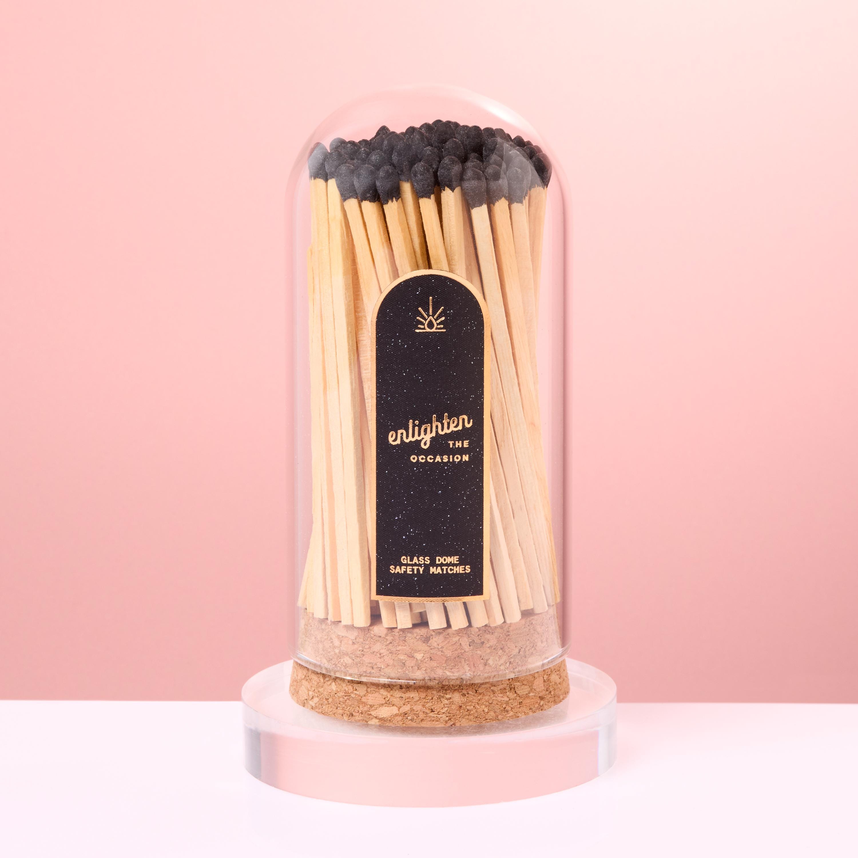 Black Tip Long Wooden Matches in Glass Corked Dome Cloche