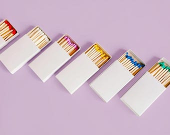 Colored Wooden Matches | White Iridescent Matchbox | Choose Your Match Color