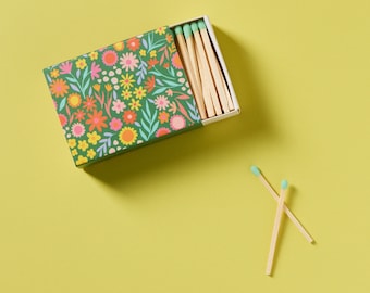 Floral Meadows Illustrated Matchbox with Mint Green Wooden Matchsticks