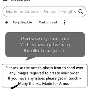 Pode incluir: Captura de tela de uma interface de aplicativo de mensagens m&oacute;veis. A tela mostra uma conversa com o texto "Made for Amour - Presentes personalizados" na barra de pesquisa. Instru&ccedil;&otilde;es s&atilde;o fornecidas para enviar imagens atrav&eacute;s do &iacute;cone de anexo de imagem.
