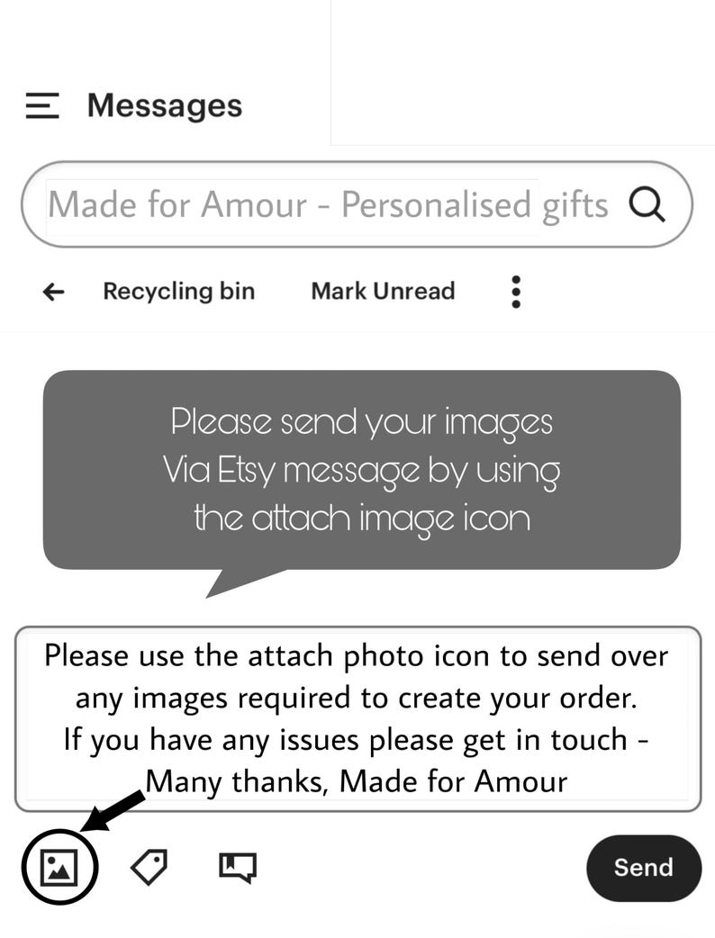 Pode incluir: Captura de tela de uma interface de aplicativo de mensagens m&oacute;veis. A tela mostra uma conversa com o texto "Made for Amour - Presentes personalizados" na barra de pesquisa. Instru&ccedil;&otilde;es s&atilde;o fornecidas para enviar imagens atrav&eacute;s do &iacute;cone de anexo de imagem.