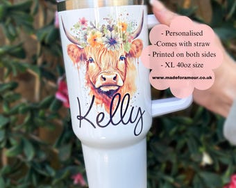 Personalised highland cow 40oz tumbler. decorated Travel cup. stainless steel thermal tumbler.  inspired cup.