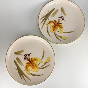 May include: Two round ceramic plates with an off-white base color and a thin olive green rim. Each plate features a hand-painted yellow lily flower with brown stamens, surrounded by slender green leaves and stems arranged in a circular pattern.
