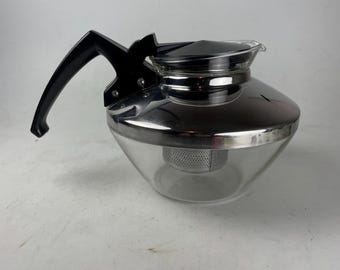 Pyrex Ware for Teamakers Inc Tea Kettle 8 Cup Glass Chrome Teapot Teakoe 6620-8 with Ekco Stainless Steel Infuser