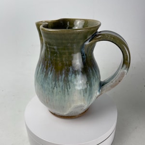 Handmade Pottery Pitcher Vase 5” Tall Seagrove, NC Olive Green Blue Drip Signed, Coastal Farmhouse Decor, North Carolina
