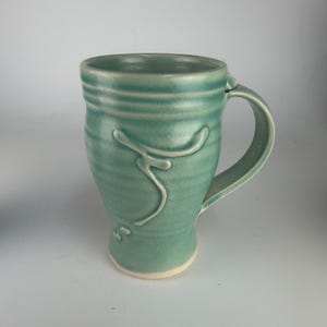Handmade Pottery Coffee Cup Mug, Green, Signed by Artist, Country Farmhouse, 5” Tall, abstract design, 12 oz., ceramic
