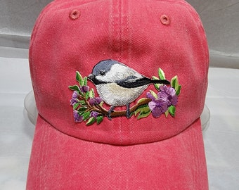 Black Capped Chickadee Bird on Branch Purple Flowers Green Leaves Embroidered Patch on Light Blue Baseball Hat Cap New Gift Under 21 Dollars