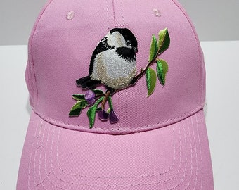 Black Capped Chickadee Bird on Branch Purple Flowers Green Leaves Embroidered Patch on Pink Color Baseball Hat Cap New Gift Under 25 Dollars