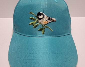 Black Capped Chickadee Bird on Green Leaves Embroidered Patch on Teal Green Color Baseball Hat Cap New Gift Under 25 Dollars Free Shipping