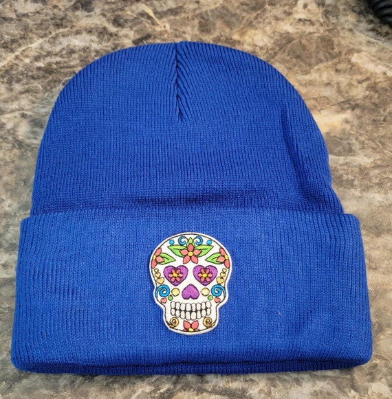 Sugar Skull Colorful Embroidered Patch on Blue Solid Knit Beanie