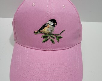 Black Capped Chickadee Bird on Green Leaves Embroidered Patch on Pink Color Baseball Hat Cap New Gift Under 25 Dollars Free Shipping