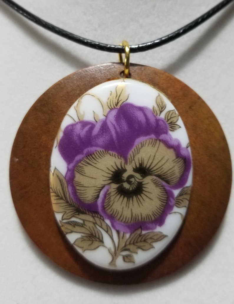 Wood Porcelain and Resin Purple and Gold Pansy Flower Round and Oval Pendant with Black Wax Cord Great Gift for the Flower Lover Christmas