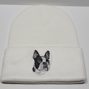 Boston Terrier Dog Black and White Embroidered Patch on White Solid Knit Beanie Hat New Gift