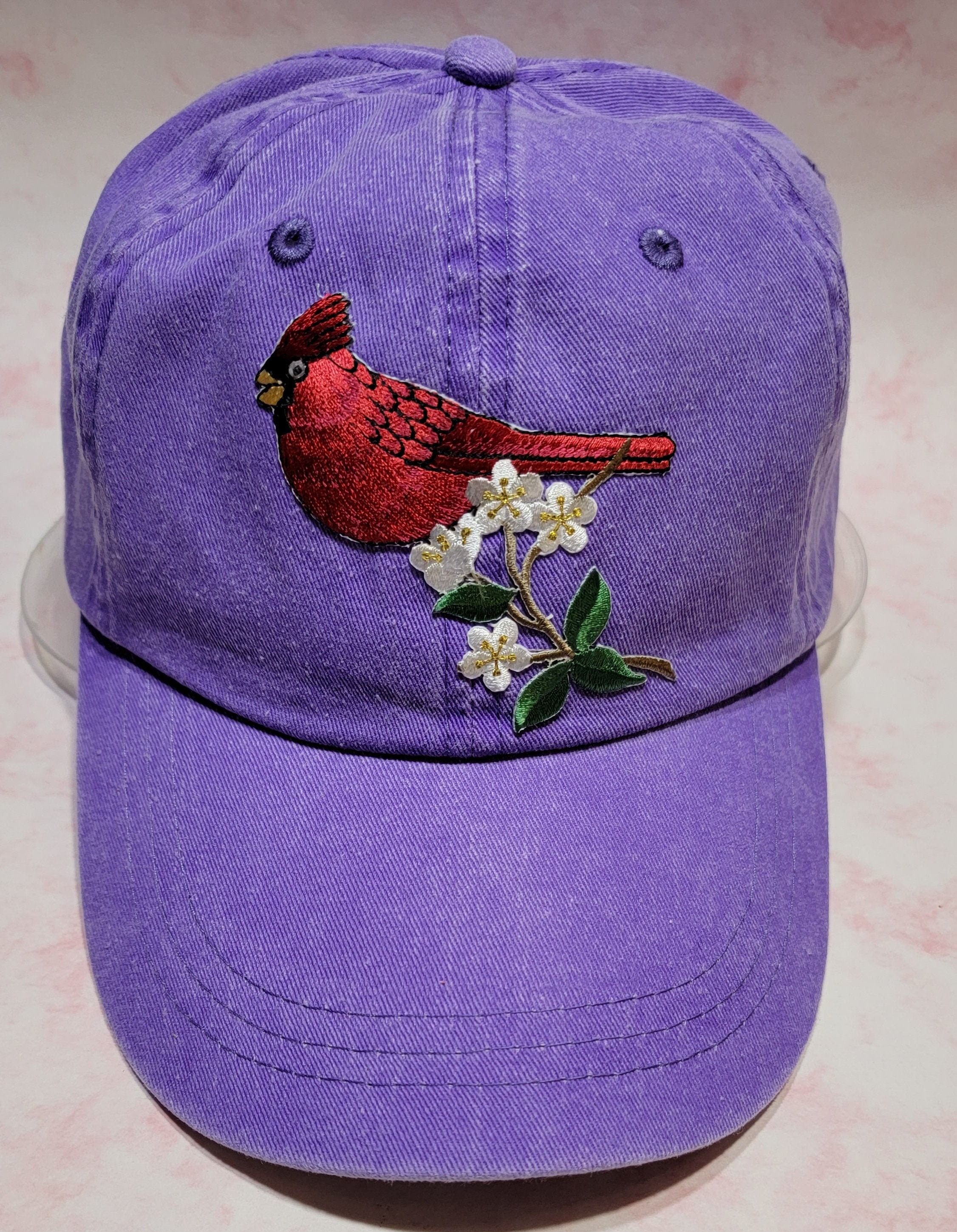 Black Capped Chickadee Bird on Branch Purple Flowers Green Leaves Embroidered Patch on Light Blue Baseball Hat Cap New Gift Under 21 Dollars