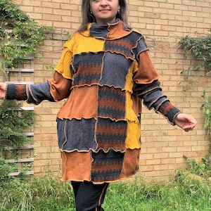 Upcycled Patchwork Sweater Dress: Earthy Tunic, Size Medium - XL