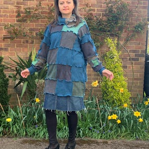 Upcycled Patchwork Wool Sweater Dress: Sea Theme Tunic, M-L