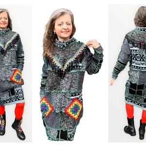 Upcycled Chunky Sweater Dress, Upcycled Women's Clothes, Patchwork Tunic, Hippie Patchwork Dress, Bust 46'', XL, Mixed Fabrics, Low Wool image 1