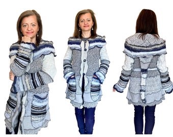 Frosty Sky - Upcycled Sweaters Fairy Coat, Recycled Sweaters Patchwork Coat, Patchwork Cardigan Hoodie, Very Low Wool, Size L,XL, Bust 40''