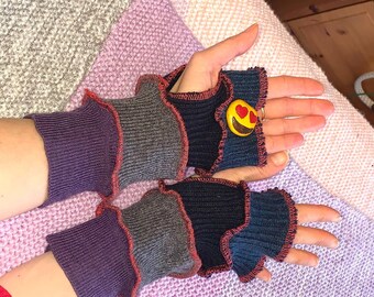 Wool Recycled Hand Warmers, Wrist Warmers, Upcycled Arm Warmers, Mittens, One Size Upcycled Fingerless Gloves, Soft Wool Mitts