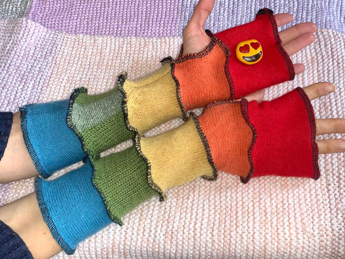 Wool Rainbow Recycled Hand Warmers, Upcycled Rainbow Arm Warmers