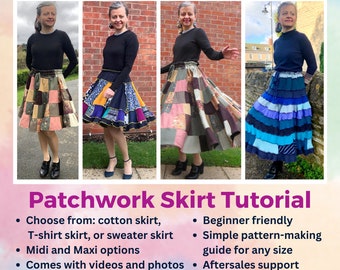 Patchwork Skirt Tutorial E-Book, Upcycled Patchwork Skirt Guide, Video and Pattern Guide, T-shirt Skirt, Cotton Skirt, Sweaters Skirt