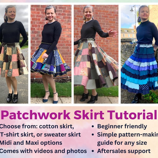 Patchwork-Rock-Tutorial-E-Book, Leitfaden für Upcycling-Patchwork-Röcke, Video- und Muster-Anleitung, T-Shirt-Rock, Baumwollrock, Pullover-Rock