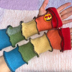 Wool Rainbow Recycled Hand Warmers, Upcycled Rainbow Arm Warmers, Mittens, One Size Upcycled Fingerless Gloves, Wrist Warmers image 3