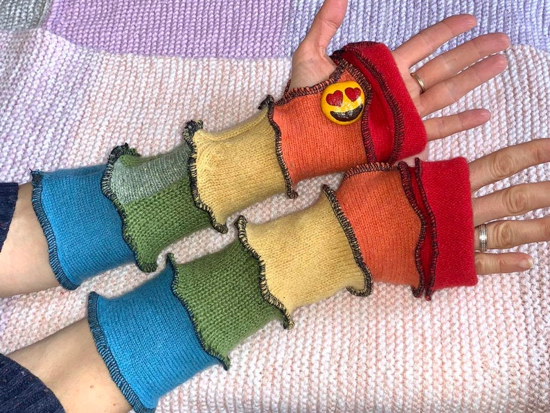 Wool Rainbow Recycled Hand Warmers, Upcycled Rainbow Arm Warmers, Mittens, One Size Upcycled Fingerless Gloves, Wrist Warmers image 3