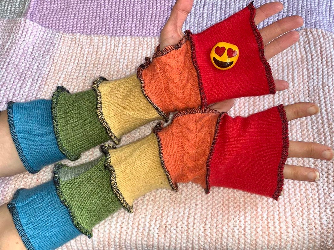 Wool Rainbow Recycled Hand Warmers, Upcycled Rainbows Arm Warmers