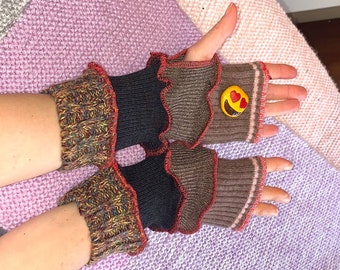 Wol gerecycleerde handwarmers, polswarmers, upcycled armwarmers, wanten, één maat upcycled vingerloze handschoenen, zachte wollen wanten