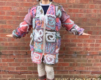 Patchwork Cardigan Coat, Sweaters Fairy Coat, Upcycled Unique Fairy Coat, Patchwork Sweaters Coat, No/Low Wool -  XL Bust 50'' 'Sonia'
