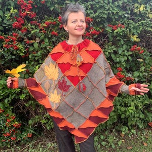 Upcycled Wool Patchwork Poncho: Folk Hippie Wearable Art